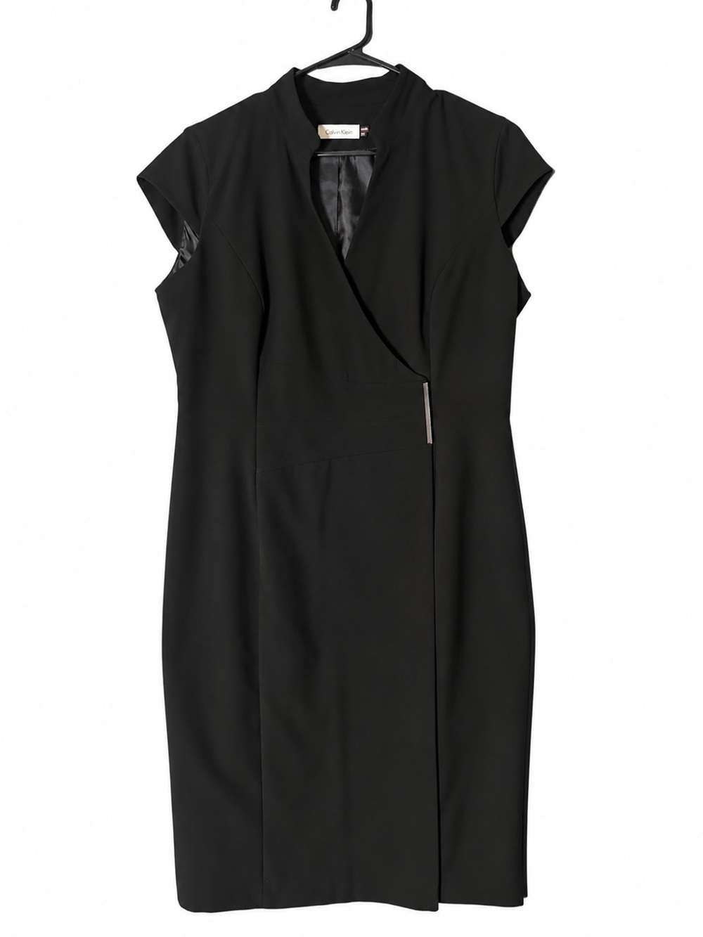 Calvin Klein Black Faux Wrap Sheath Dress Short Sleeve Size 10 Lined